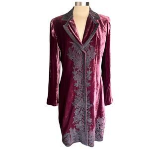 T Tahari Wine Velvet Long Line Jacket Black Lace Applique Size L Whimsigoth Boho